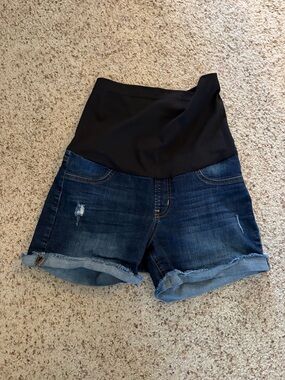 Just Black Dark Blue Denim Maternity Shorts with Black Waist Panel